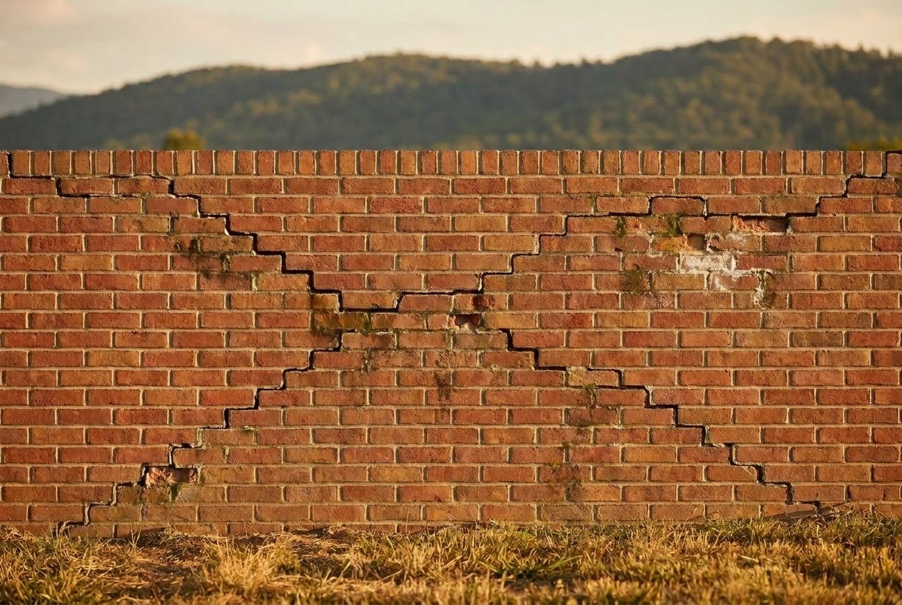 Weathered brick wall with deteriorating mortar before repair